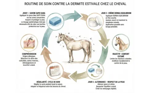 Routine de soin pour la dermite estivale du cheval : comprendre, assainir, apaiser et alterner pour le confort cutané.
