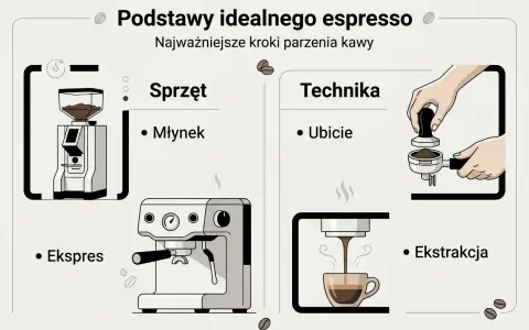 Ilustracja pokazuje kluczowe etapy, jak zrobić espresso: młynek, ekspres, ubicie kawy i ekstrakcję.