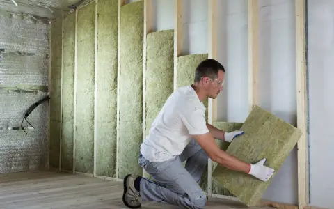 Un ouvrier installe un isolant minéral dans un mur en bois. Un bon **prix isolation** pour un confort thermique optimal.