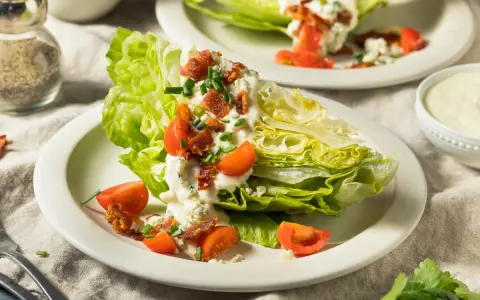 Eisbergsalat-Rezept: knackige Salatspalten mit cremiger Blauschimmelkäse-Dressing, Speck und Tomaten.