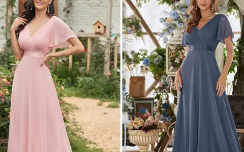 Dos vestidos largos de fiesta, uno rosa y otro azul, perfectos para lucir elegante.