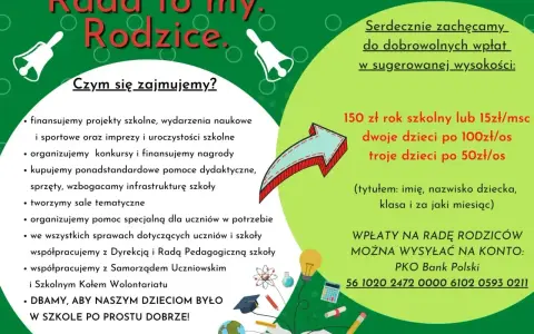 Rada rodziców działa na rzecz uczniów: finansuje projekty, organizuje konkursy, kupuje pomoce dydaktyczne i dba o dobro dzieci w szkole.