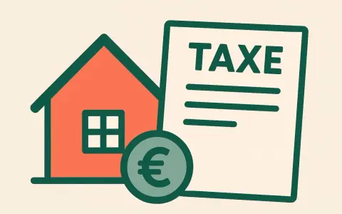 Maison, pièce de monnaie euro et document "TAXE". Illustration symbolisant la taxe foncière terrain nu.