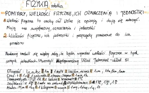 Notatki z fizyki: pomiary, wielkości fizyczne, jednostki. Szybkość mierzona w metrach na sekundę.