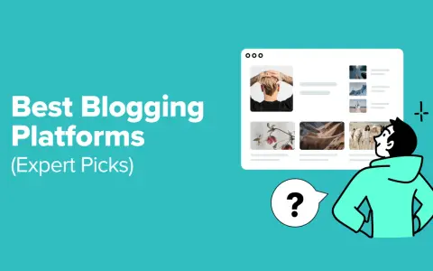 Illustration d'un homme pensif devant un écran affichant des images, avec le texte "Best Blogging Platforms (Expert Picks)". Idéal pour un site pour blog.