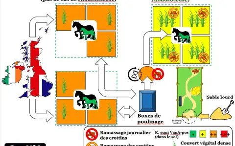 Schéma illustrant la gestion des zones A et B pour prévenir la rhodococcose chez un poulain.
