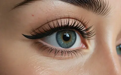 Œil bleu perçant avec un trait d'eye-liner fin et des cils longs. Le sourcil effet poudré encadre parfaitement le regard.