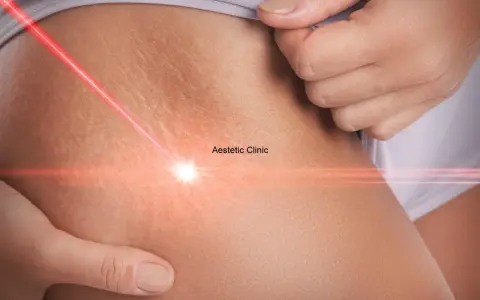 Czerwony promień lasera skierowany na rozstępy na biodrach, symbolizujący zabieg estetyczny.