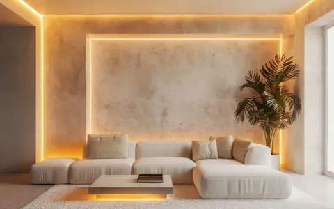 Sofá blanco y alfombra mullida, en un salón moderno con las últimas tendencias en iluminación, creando un ambiente cálido y acogedor.