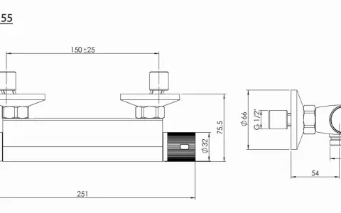 Schemat baterii prysznicowej MB155. Pokazuje rozstaw baterii prysznicowej 150 mm, wymiary przyłączeń G 1/2" i średnicę 66 mm.