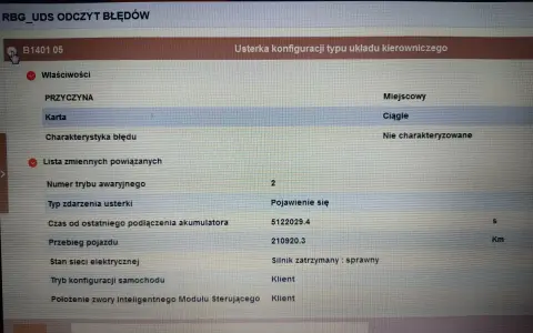 Błąd dtc b1401 renault: usterka konfiguracji układu kierowniczego. Przyczyna: karta, ciągłe. Silnik zatrzymany, sprawny.