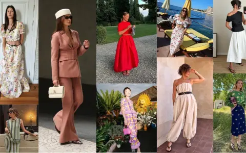 A collage of women in stylish, no suit wedding attire. Looks include floral maxi dresses, a pink pantsuit, a red ensemble, and a cherry-print outfit.