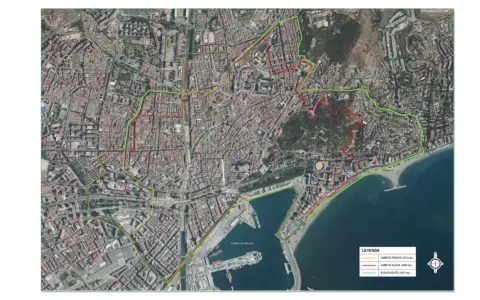 Mapa aéreo de Málaga con contornos de la zona de bajas emisiones. Se distinguen tres ámbitos: PEMUS (amarillo), Alicia (rojo) y envolvente (verde).