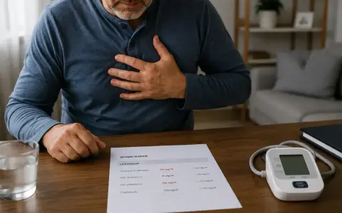 Mężczyzna z ręką na klatce piersiowej patrzy na wyniki lipidogramu, gdzie widać podwyższony cholesterol. Może to być sygnał do rozważenia suplementu Suvardio Plus.