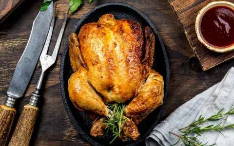 Pollo al horno dorado y jugoso, servido en sartén de hierro fundido con romero. Acompañado de salsa barbacoa y cubiertos rústicos.