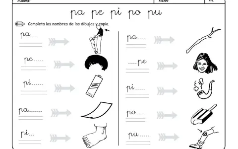 Fichas letra p: une sílabas con dibujos. Incluye "pa", "pe", "pi", "po", "pu".