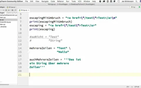 Python-Code zeigt, wie man mit `print` ohne Zeilenumbruch arbeitet, indem man Strings mit `\n` oder durch Aneinanderreihung erstellt.