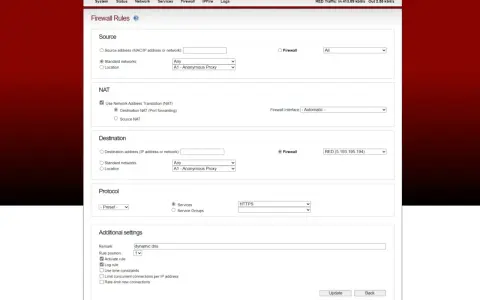 Firewall rules configuration screen showing NAT settings, destination, and protocol options. This interface allows users to manage dynatrace ports and network traffic.
