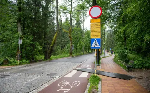 Droga do Kuźnic, skąd można dojechać na Kasprowy Wierch. Znaki informują o ograniczeniach ruchu.
