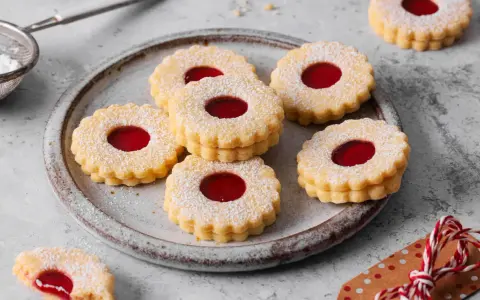 Ein Teller voller **die besten Spitzbuben der Welt**, bestäubt mit Puderzucker, mit leuchtend roter Marmeladenfüllung.
