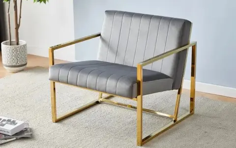 Fauteuil moderne gris velours avec structure dorée, un exemple élégant parmi les différents types de fauteuils pour un salon chic.