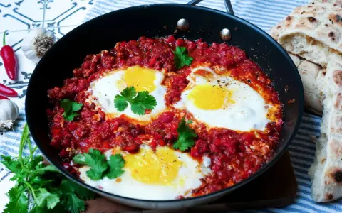 Herzhaftes Shakshuka-Rezept in einer Pfanne mit pochierten Eiern in würziger Tomatensoße, garniert mit Koriander. Dazu gibt es Fladenbrot.