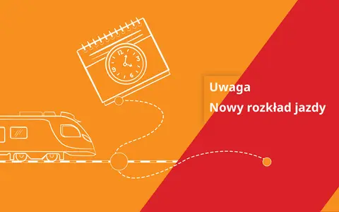 Uwaga! Nowy rozkład jazdy PKP na trasie Warszawa Olsztyn. Pociąg i kalendarz z zegarem symbolizują zmianę.