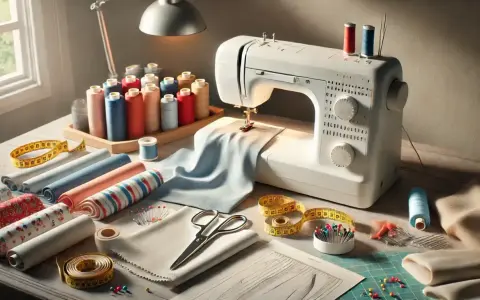 Machine à coudre, fils colorés, tissus et ciseaux prêts pour coudre ses vêtements.