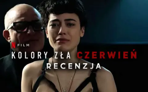 Płacz kobiety w czerni, obok niej mężczyzna w okularach. Napis "Kolory zła czerwień" sugeruje mroczną historię.