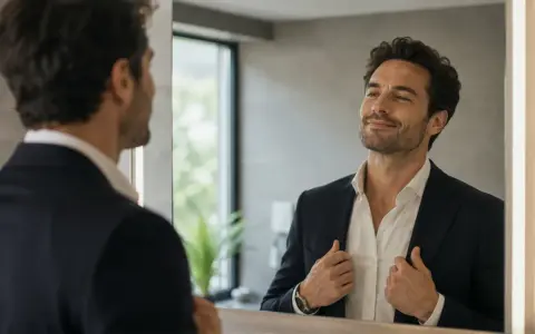 Uomo in giacca e camicia bianca si guarda compiaciuto allo specchio. Impara come comportarsi con un narcisista.