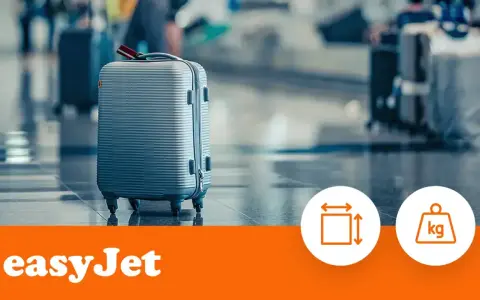 Szara walizka na lotnisku, obok ikon wymiarów i wagi. Logo easyJet.