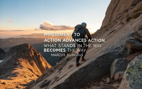 A climber ascends a rocky mountain, proving the obstacle is the path. Sunset paints the sky.