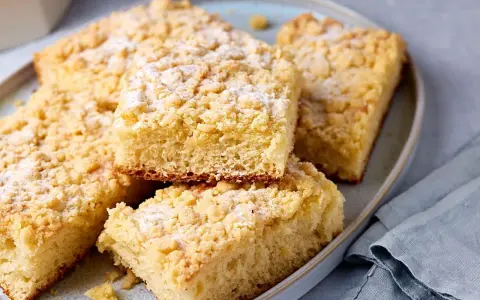 Saftiger Streuselkuchen vom Blech, mit Puderzucker bestäubt, auf einem Teller angerichtet.