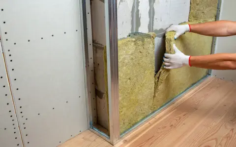 Pose d'isolant minéral pour comment insonoriser une chambre à coucher. Pose de laine de roche dans une structure métallique.