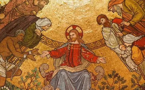 Jezus w otoczeniu ludzi, w tym niewierny Tomasz, który wyciąga rękę do jego boku.