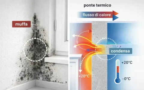 Muffa e condensa causate da un ponte termico finestra. Soluzioni per eliminare ponte termico finestra e prevenire la muffa.