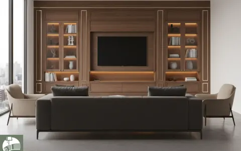 Un salotto classico elegante con divano scuro, poltrone chiare e un'imponente libreria in legno con TV centrale.
