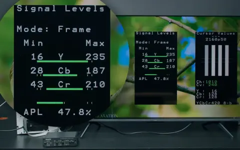 Test sygnału w rozdzielczości 2160p50. Wykresy pokazują poziomy jasności i koloru.