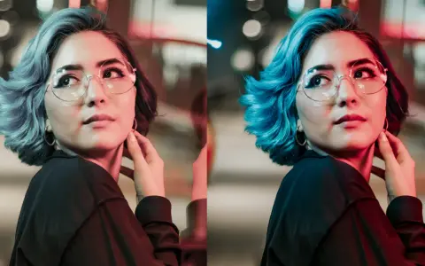Avant/après : comment retoucher des photos pour faire ressortir le bleu électrique des cheveux d'une jeune femme aux lunettes rondes.