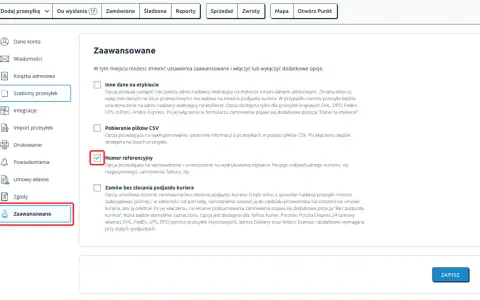 Ustawienia zaawansowane: numer zwracanej paczki gdzie jest, opcja numeru referencyjnego zaznaczona.
