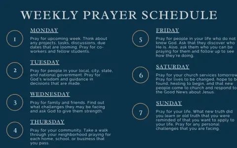 Weekly prayer schedule with daily prompts for reflection and intercession, from Monday's upcoming week to Sunday's personal life.