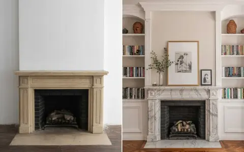 Avant/après : une cheminée ancienne transformée avec une décoration élégante, des étagères remplies de livres et une œuvre d'art.