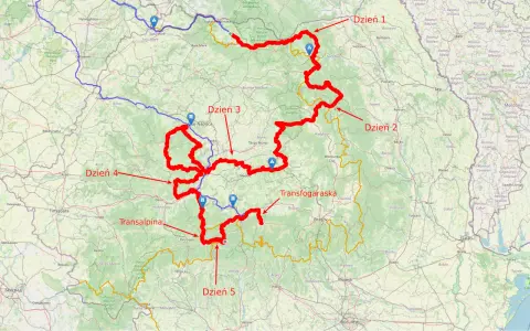 Trasa podróży po Rumunii: Dzień 1, Dzień 2, Dzień 3, Dzień 4 i Dzień 5. Widoczne drogi Transalpina i Transfogaraska.