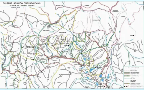 Mapa szlaków turystycznych Zakopane i okolice. Obejmuje Tatry Polskie i Słowackie, z zaznaczonymi trasami pieszymi, narciarskimi i rowerowymi.