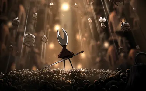 Hornet, bohaterka Hollow Knight: Silksong, stoi na tle tłumu i unoszących się postaci.