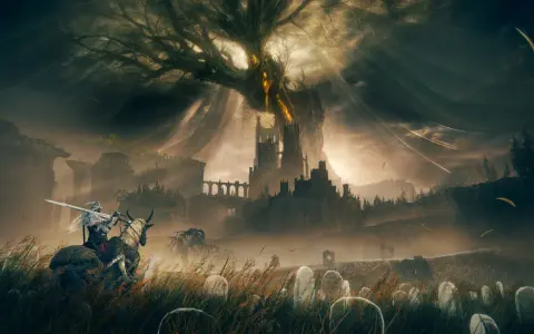 Un caballero en montura avanza por un campo de tumbas hacia un castillo sombrío bajo un árbol retorcido. El mundo de Elden Ring: Shadow of the Erdtree se revela.