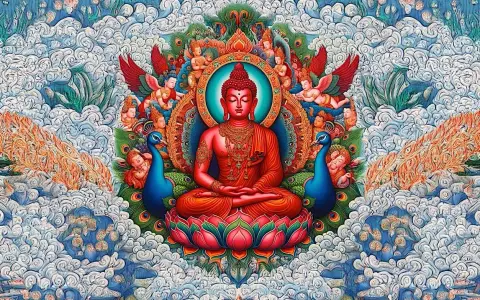 En röd Amitabha Buddha sitter i lotusställning, omgiven av påfåglar, änglar och moln i en livlig, detaljerad konststil.