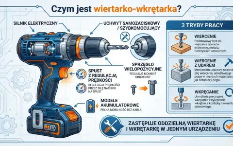 Ilustracja przedstawia budowę wiertarko-wkrętarki, jej rodzaje i tryby pracy: wiercenie, wiercenie z udarem i wkręcanie.