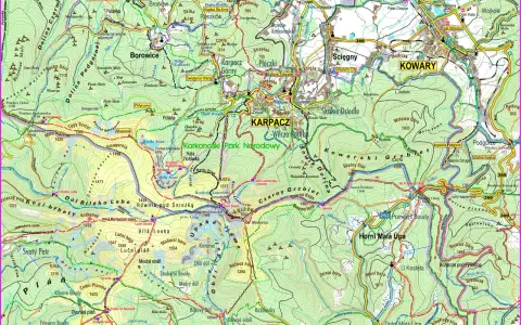 Mapa turystyczna Karkonoszy, pokazująca szlaki, schroniska i szczyty. Widać tu Karpacz, Kowary i Śnieżkę, gdzie leżą Karkonosze.