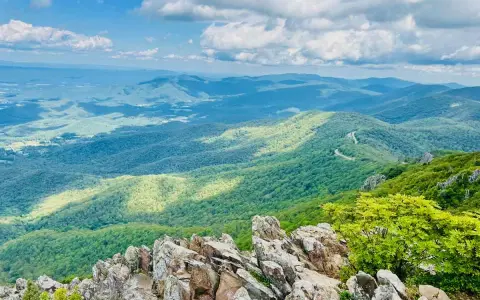 Scenic mountain vista, perfect for day trips from Richmond VA. A winding road snakes through lush green hills under a bright, cloudy sky.